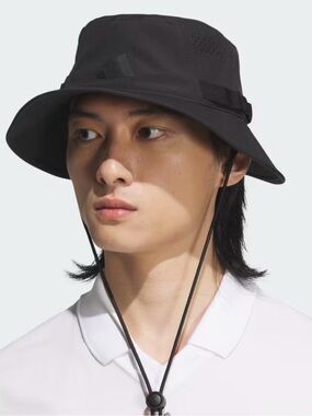 adidas Unisex Victoey Black Aeroready Bucket Hat with Chin Cord